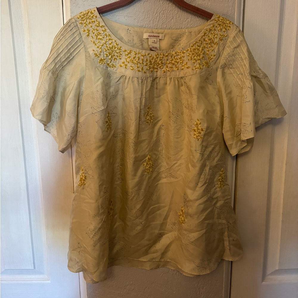 Sundance Cream Silk Embroidered Blouse Size Small